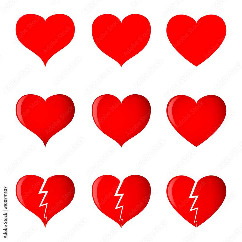 Hearts (simple, shaded and broken) in 3 different shapes. Vector illustration. Hearts (simple, shaded and broken) in 3 different shapes. Vector illustration.