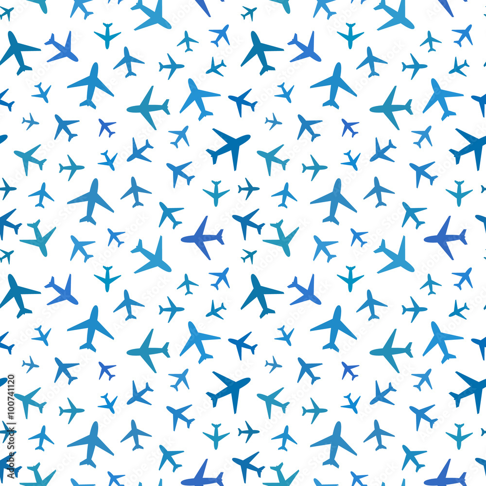 Many blue planes icons on white, seamless pattern