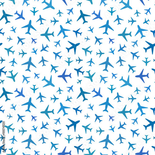 Many blue planes icons on white  seamless pattern