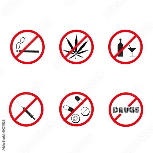No drugs, no alcohol prohibition signs. Vector.