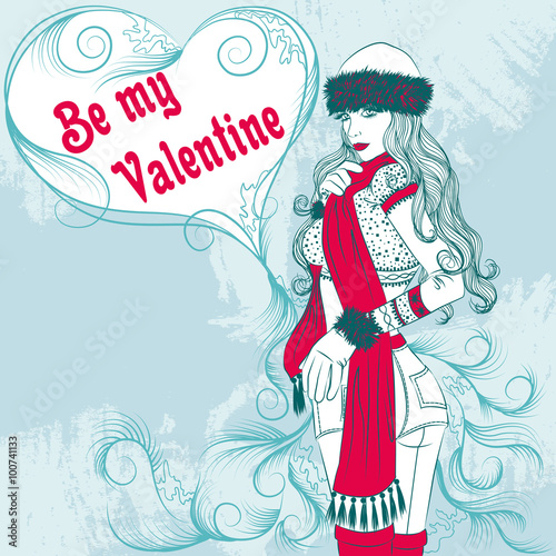 Sexy winter girl with a decorative valentine heart