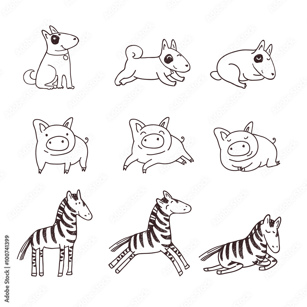 Fototapeta premium Cute doggies, pigs and zebras.