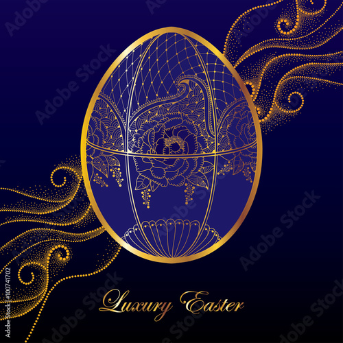 Greeting card with Faberge egg in floral motifs on the dark blue background with dotted curls. Series jewelry in contour style. Luxury background for Easter with golden egg. 
