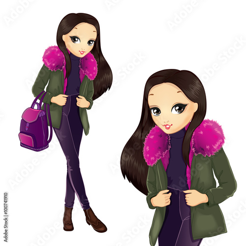 Fashion Girl In Pink Fur Coat