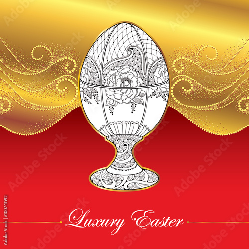 Greeting card with Faberge egg in floral motifs on the gold background with dotted curls. Series jewelry in contour style. Luxury background for Easter with ornate egg.