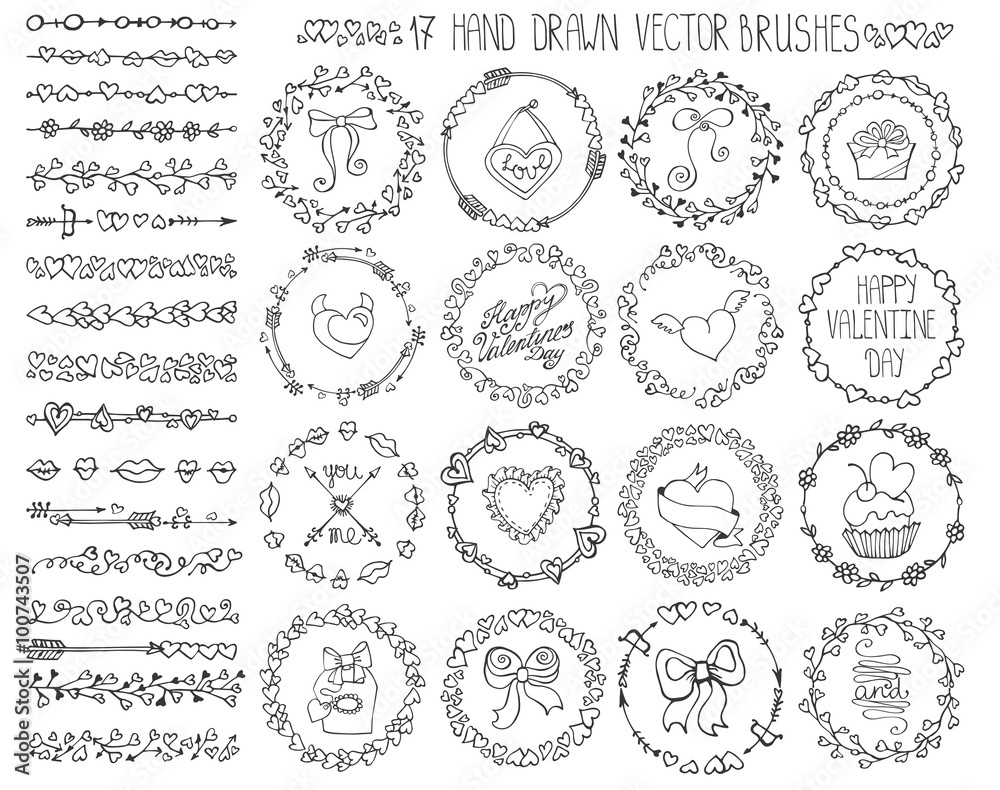 Love heart doodle brushes.Valentine,wedding wreath.Color Love heart doodle brushes.Valentine,wedding wreath.Color