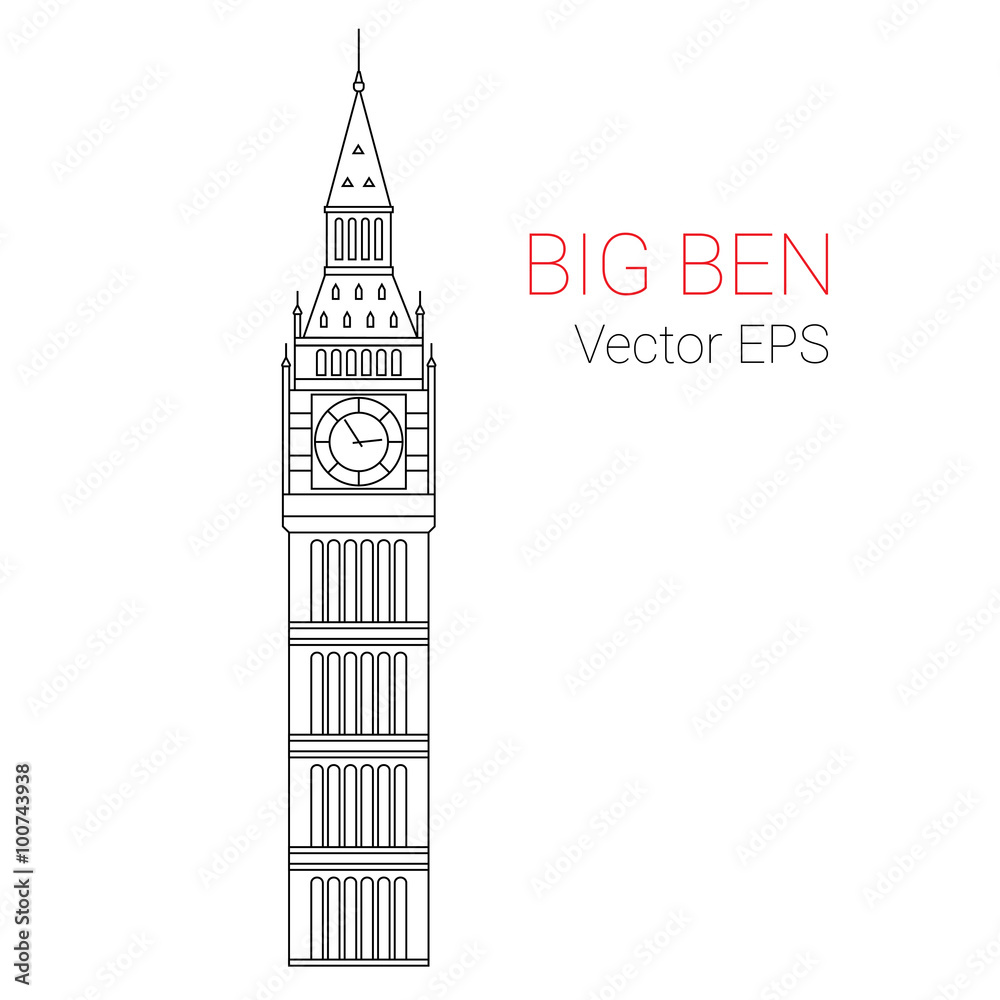 Vector Line Icon of Big Ben Tower, London.