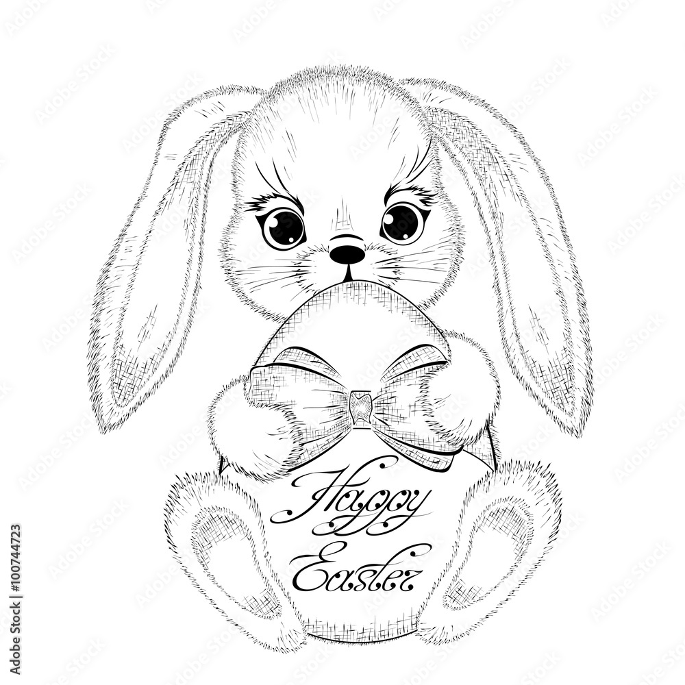 Hand drawn easter rabbit with paschal egg. Detailed sketch of bunny  isolated on white background. Black and white pencil drawing. Vector, EPS  10 Stock Vector | Adobe Stock