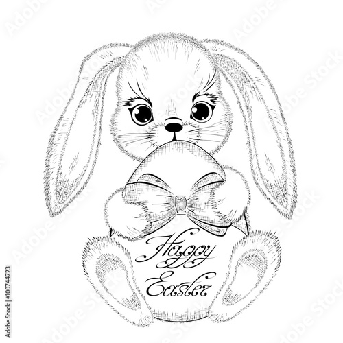 Hand drawn easter rabbit with paschal egg. Detailed sketch of bunny isolated on white background. Black and white pencil drawing. Vector, EPS 10