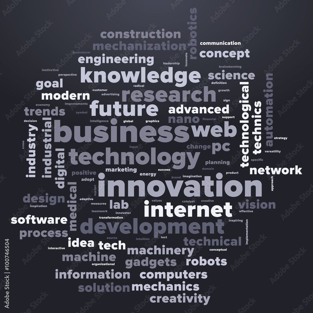 TECHNOLOGY and INNOVATION word cloud, business concept. Tag cloud, advertising and promotion concept. Vector graphics illustration.