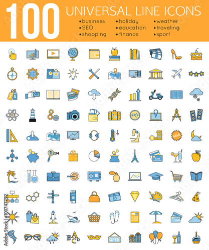 Set of 100 Minimal Universal Line Icons. Business and finance,  seo and education, shopping and holiday,  weather and traveling, sport.
