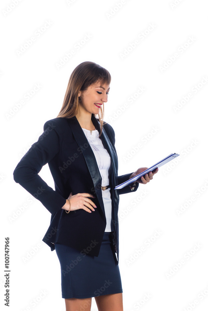 happy business woman looking at folder happy business woman looking at folder
