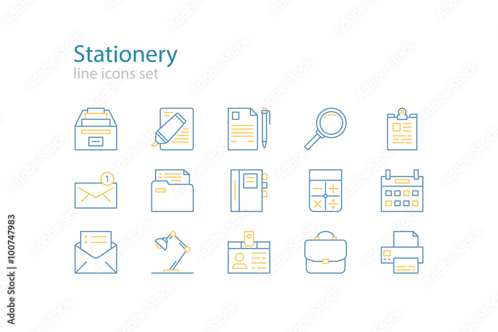 Office stationery icons. Blue and yellow. Line art. Stock vector. Office stationery icons. Blue and yellow. Line art. Stock vector.