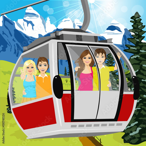 cable car or booth carrying passengers in the mountains in summertime