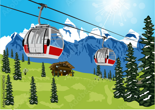 wonderful summer scenery with ski lift cable booth or car