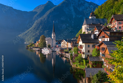 Idyllic alpine lake village Hallstatt, Salzkammergut in Alps mountains, Austria