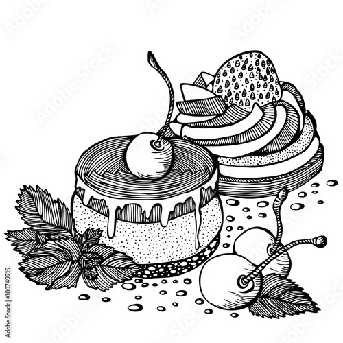cakes with cherries and strawberries outline