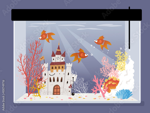 Cartoon fish tank with a castle, corals and goldfish, EPS 8 vector illustration