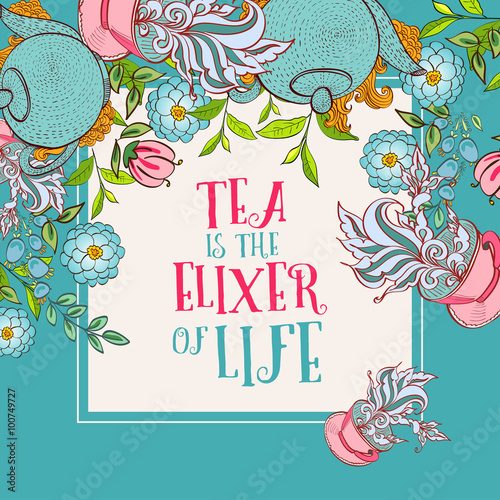 Tea time design banner templates set. Lettering phrase.