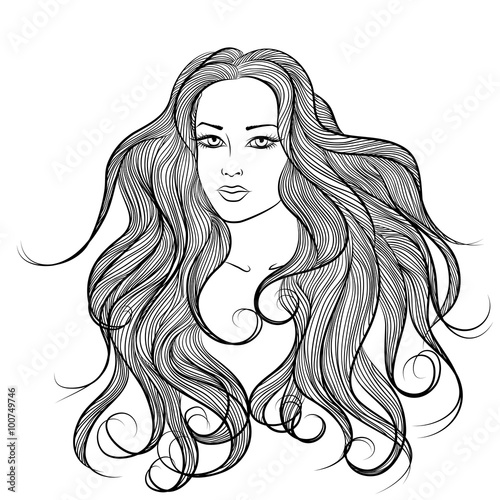 face of long hair girl outline monochrome drawing