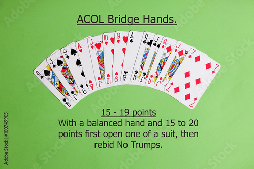 ACOL Contract Bridge Hand. With  a balanced hand And 15 to 19 points first open one of a suit, then rebid no trumps. photo