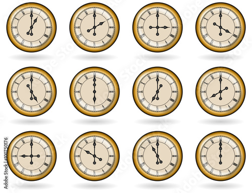 Set of antique clocksfor business hours with roman numbers. Vector isolated on white