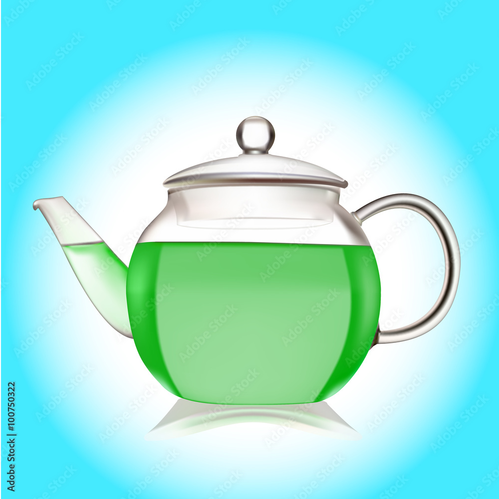 teapot of green tea on blue background teapot of green tea on blue background