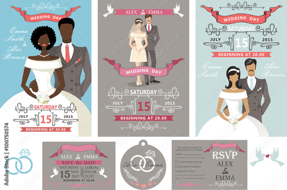Wedding invitations set.Different bride and groom