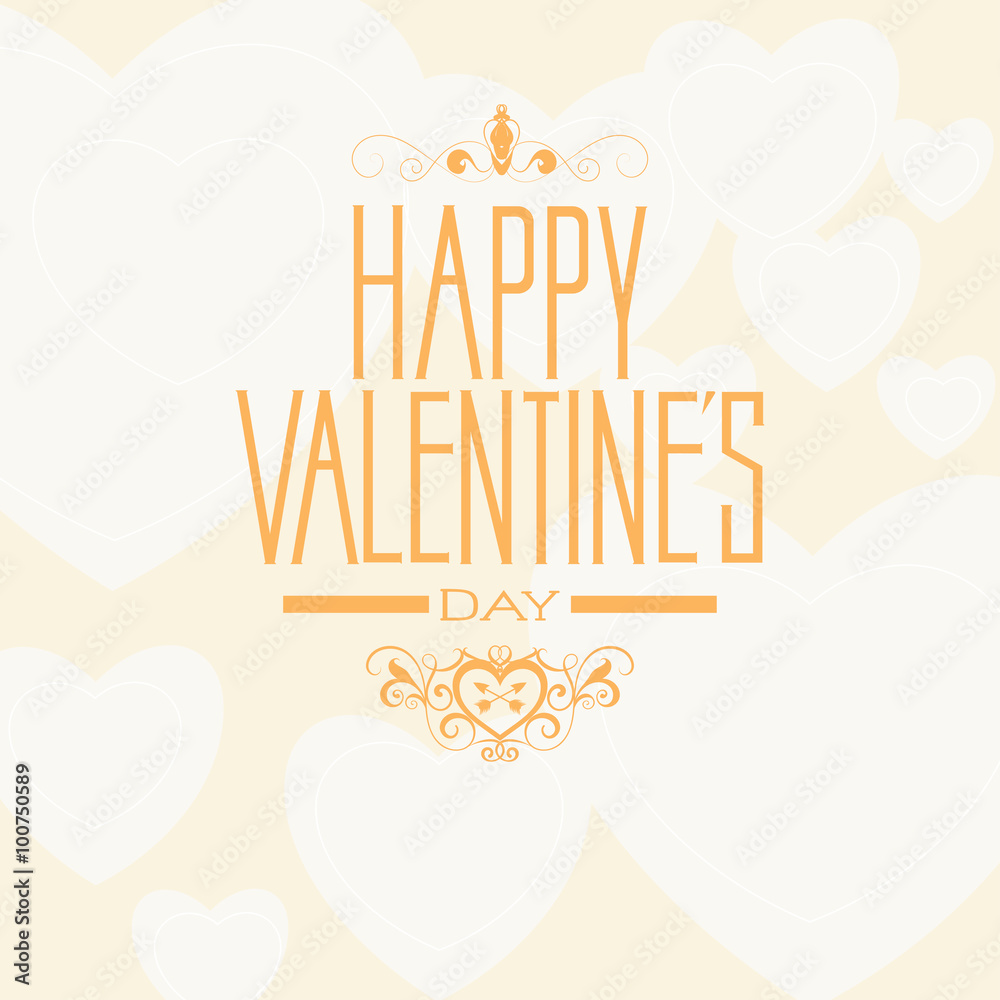 Modern badge style pale orange color scheme Happy Valentine's day greetings card on light- background with hearts decoration. Flat design element. Bright mood.