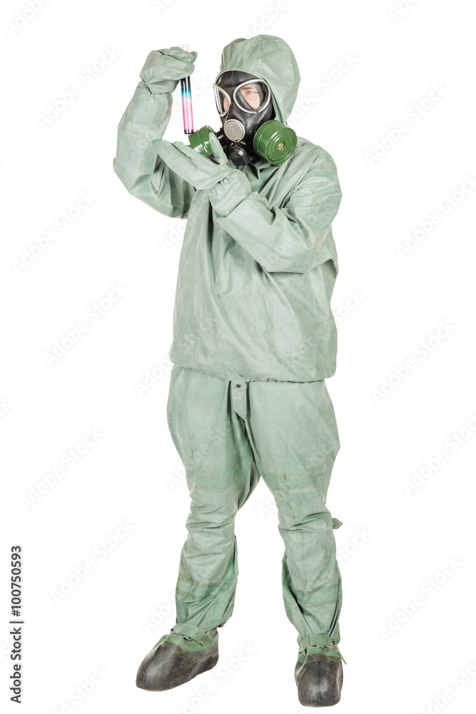 Man with protective mask and protective clothes examines a water Man with protective mask and protective clothes examines a water