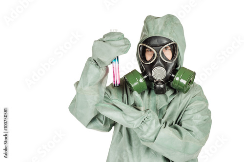 Man with protective mask and protective clothes examines a water