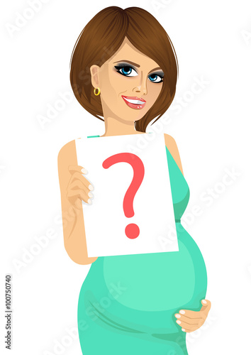 pregnant woman holding a white board with a question mark
