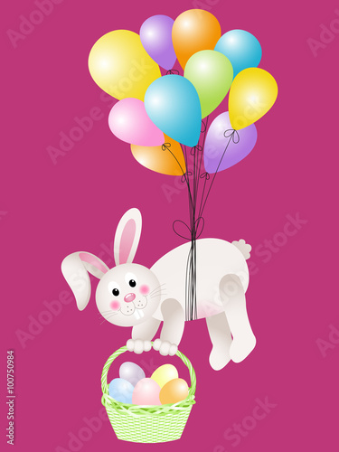 Bunny carrying basket Easter eggs flying with balloons  