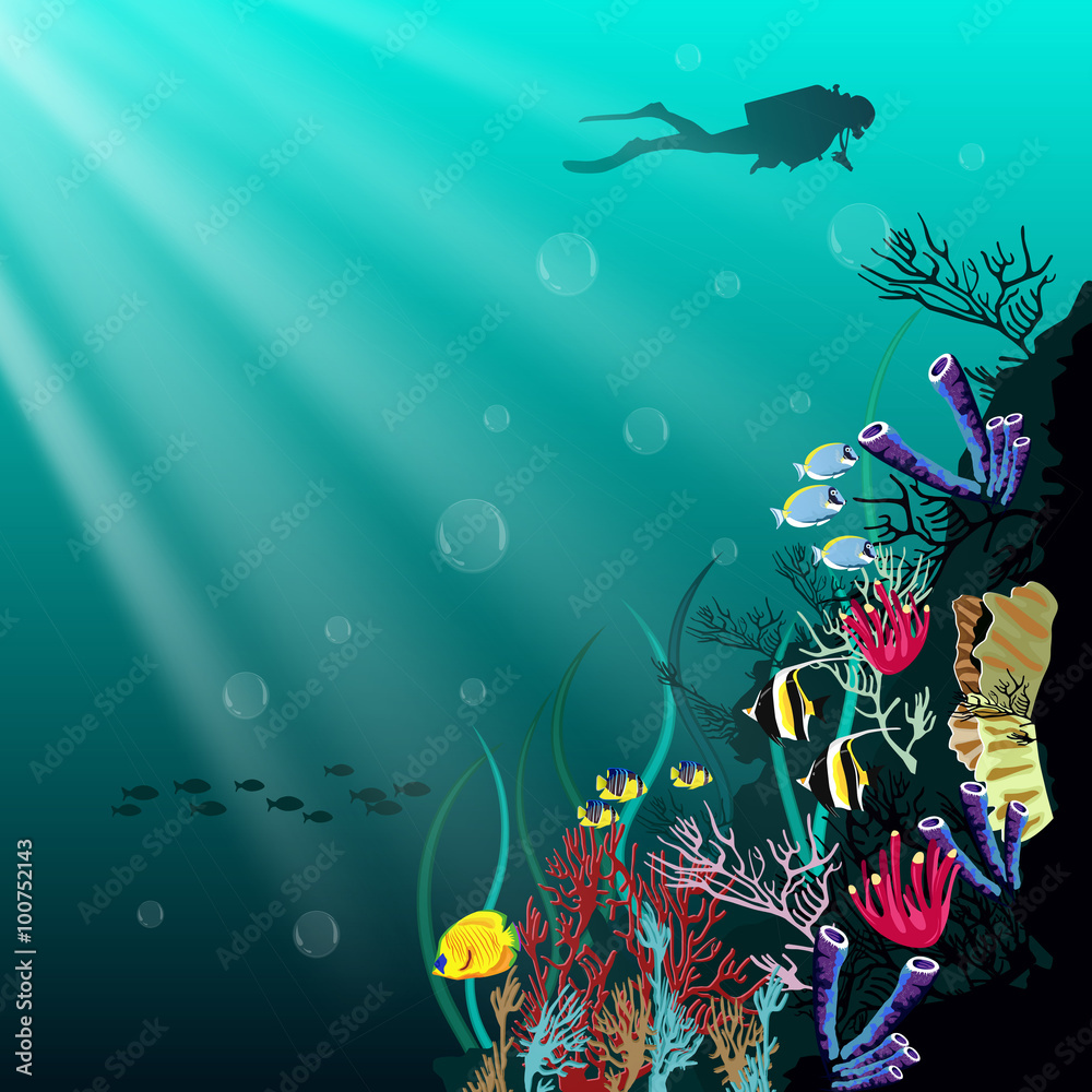 Coral reef with various species of fish and silhouette of diver over blue sea background