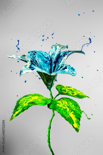 Fototapeta Naklejka Na Ścianę i Meble -  Beautiful lily flower made of blue and green paint