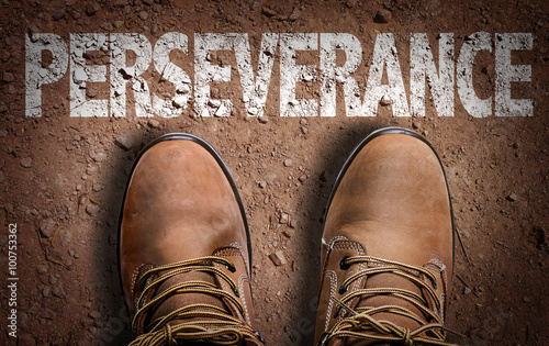 Принти на полотні Top View of Boot on the trail with the text: Perseverance