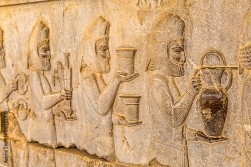 Armenian tribute relief detail on the stairway facade of the Apadana at the old city Persepolis.
