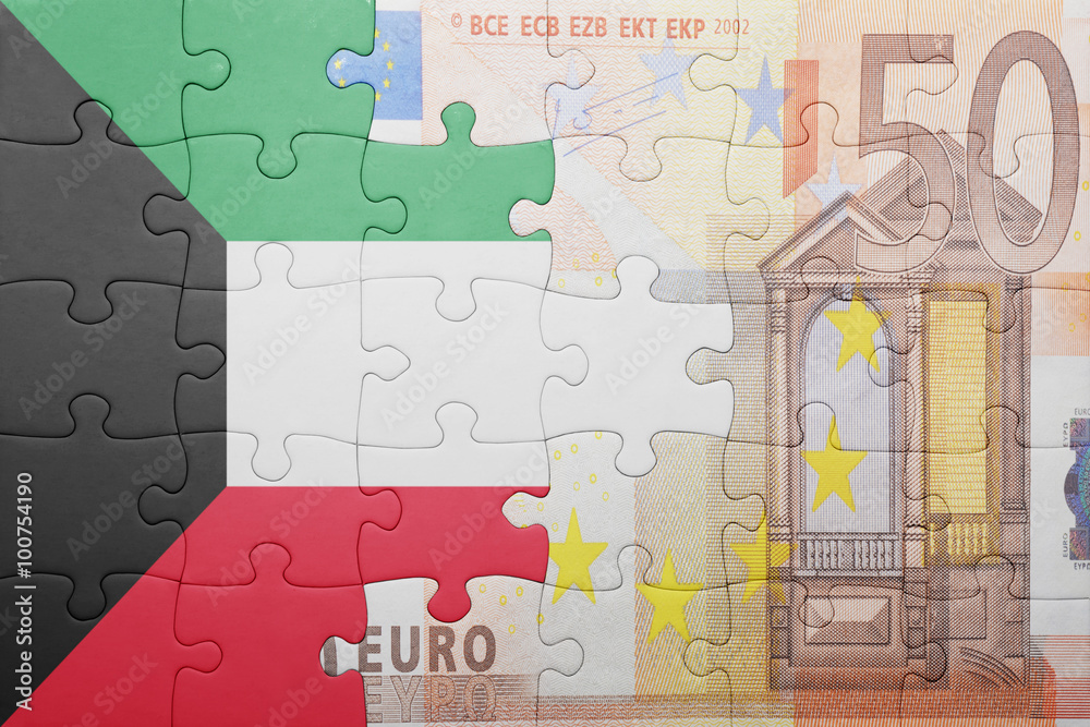 puzzle with the national flag of kuwait and euro banknote