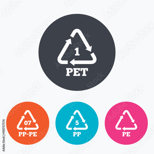 PET, PP-pe and PP. Polyethylene terephthalate