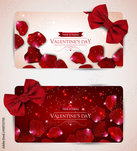 Valentines day cards with bow and rose petals, set of two.