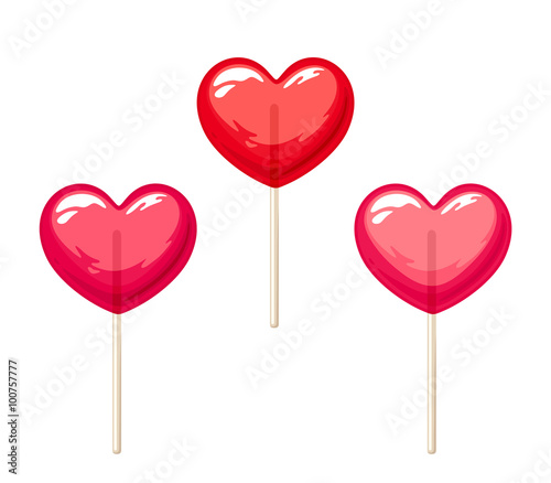 Vector set of three red and pink Valentine's heart lollipops isolated on a white background.