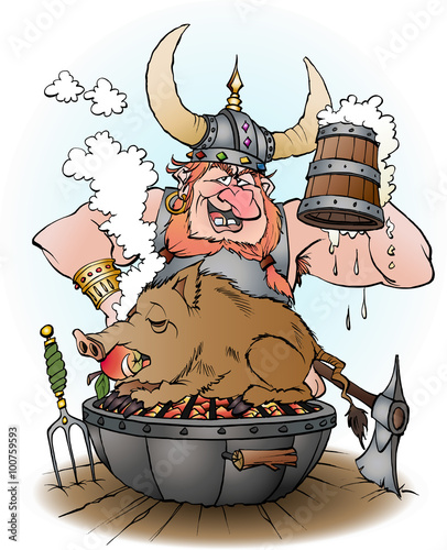 Vector cartoon illustration of a viking invites to party