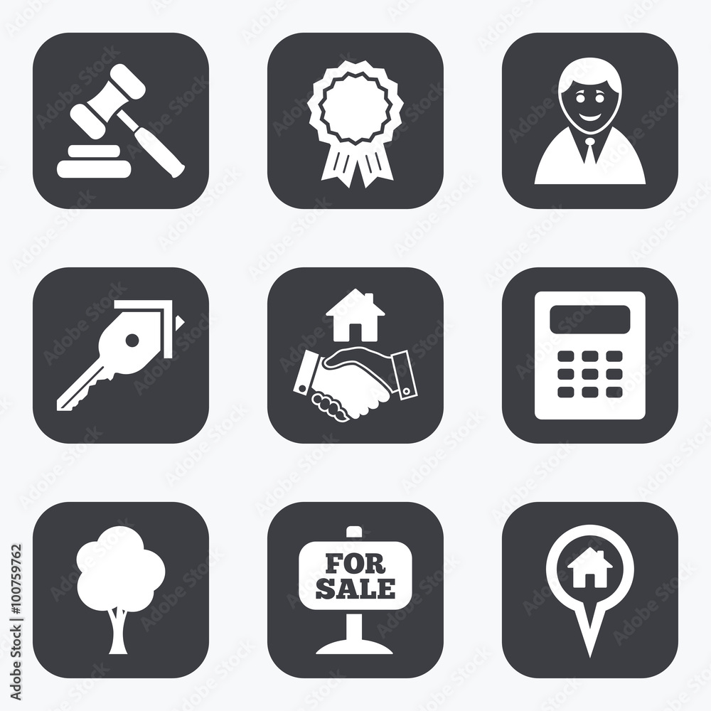 Real estate, auction icons. Handshake, for sale. Real estate, auction icons. Handshake, for sale.
