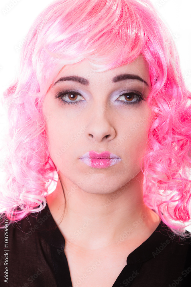 woman with pink wig creative visage portrait