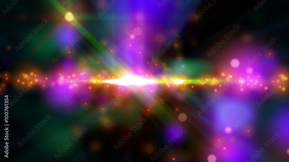 Psychedelic Stars (24fps). Vibrant colorful random lights flickering flashing and streaking. The camera moves through layers of bokeh star particles, creating a trippy and psychedelic background.