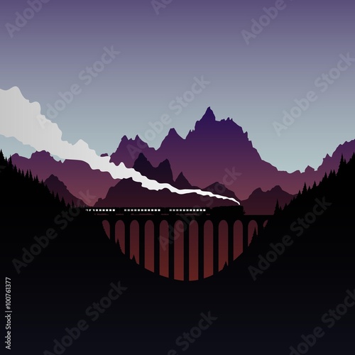 Vector illustration of train rides on the bridge in mountains Train in mountains. Night mountains and train logo. locomotive and