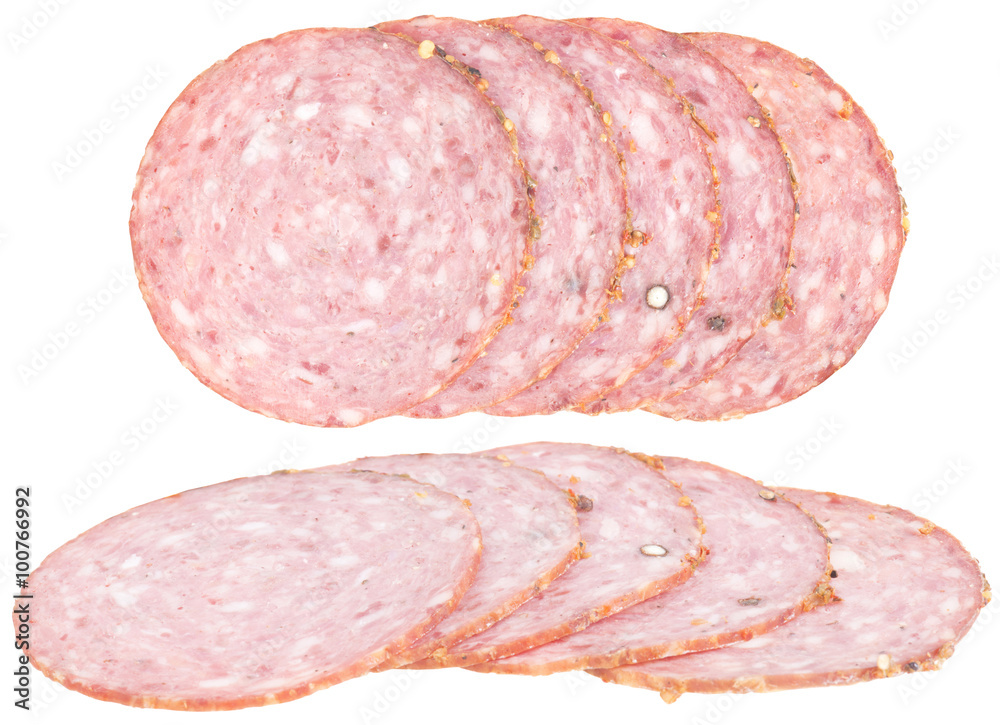 slices round sausage. isolated on white background. slices round sausage. isolated on white background.