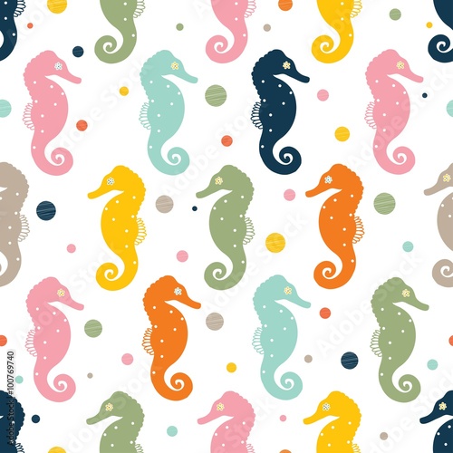 Seahorses and polka dot.Kids vector seamless pattern.