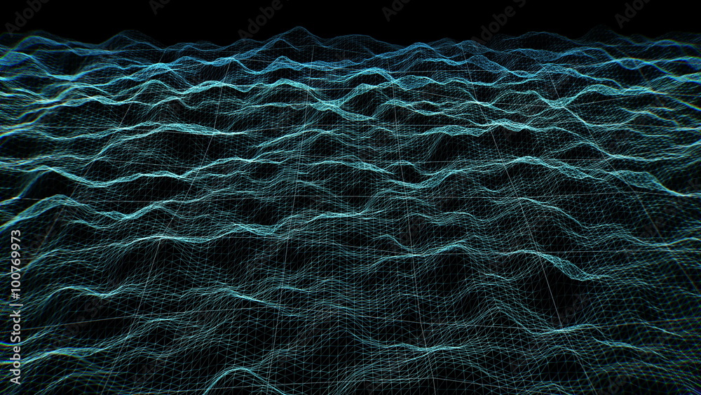 Aerial Topography Scan (25fps). An airplane point-of-view (POV) flying over and scanning a wireframe model of mountainous terrain.