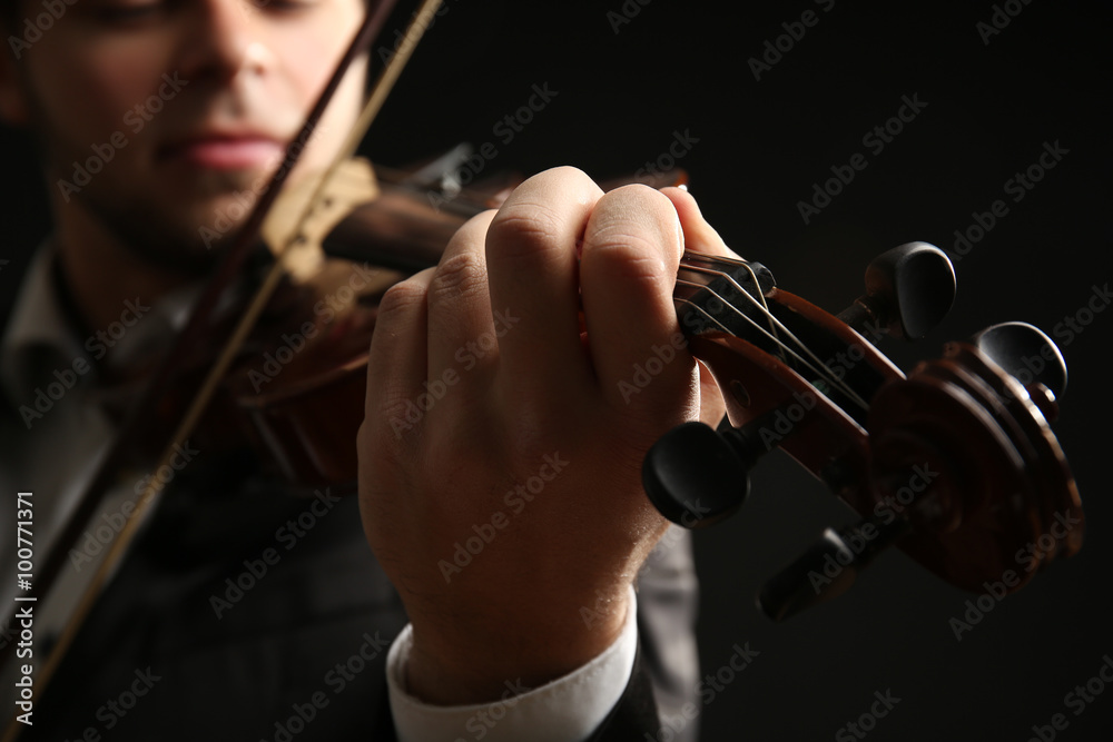 Musician play violin on black background, close up Musician play violin on black background, close up